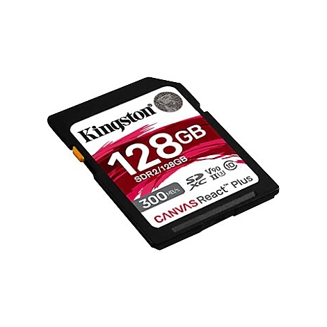 Une carte SD noire Kingston avec 128 Go de stockage. Inscription : Canvas React Plus, 300 Mo/s.