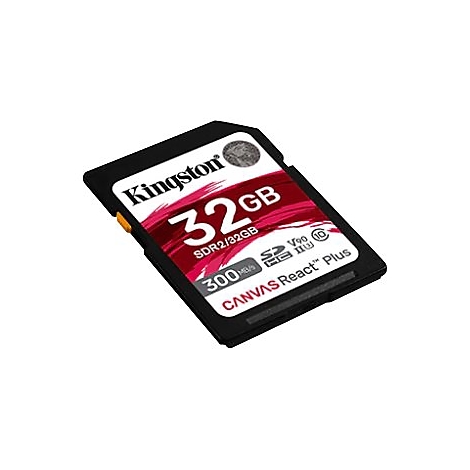Carte SD Kingston noire avec 32 Go de stockage, design rouge et texte CANVAS React Plus.