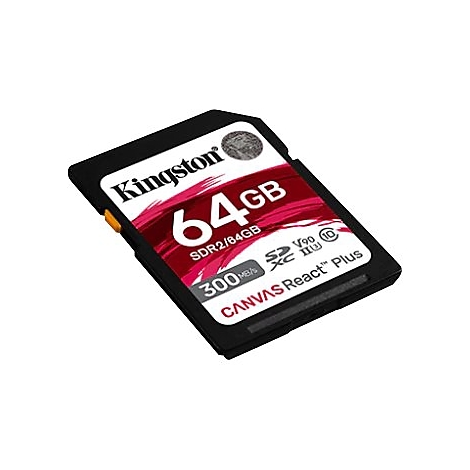 Carte SD noire avec logo Kingston, capacité de 64 Go, fond rouge.