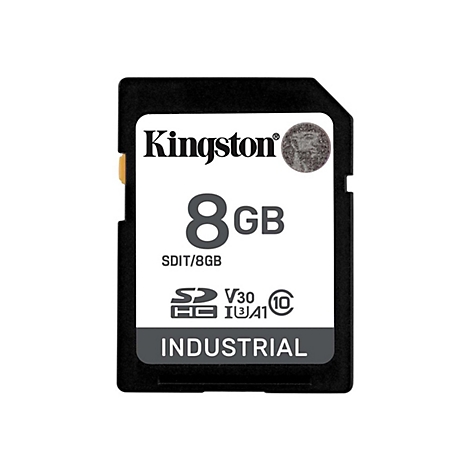 Carte SD Kingston noire avec 8 Go de stockage, texte SDIT/8 Go, V30, I3 A1, INDUSTRIAL.