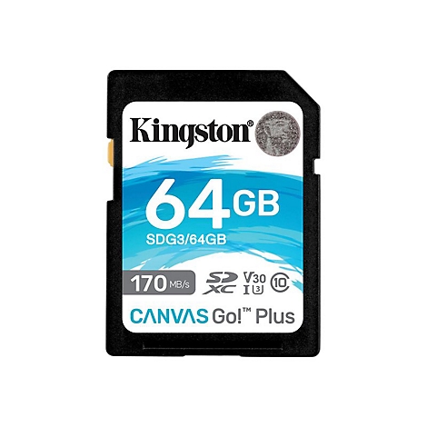 Carte SD noire avec le logo Kingston, 64 Go, CANVAS Go! Plus. DÃ©tails de la vitesse : 170 Mo/s, V30.