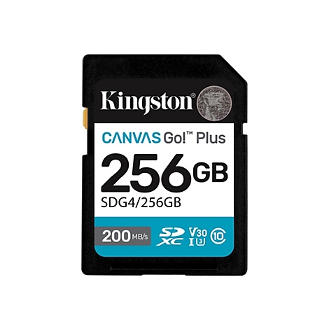 Schwarze SD-Karte mit weißem Kingston-Logo und blauen Akzenten. Aufgedruckt: 256GB, CANVAS Go! Plus, SDG4. Details: 200 MB/s, V30, XC I3.