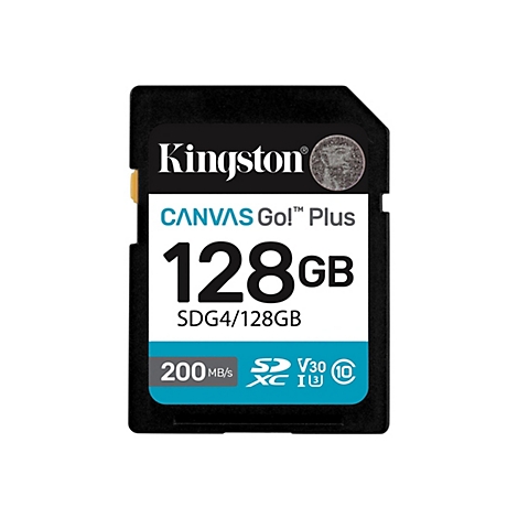 Schwarze Kingston SD-Karte mit weißer Schrift: CANVAS Go! Plus 128 GB. Darunter 200 MB/s, V30 und ein 10-Symbol.