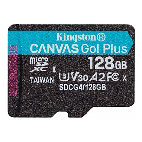 Nahaufnahme einer schwarzen Kingston microSD-Karte. Oben blaues Band mit Schriftzug 'Kingston CANVAS Go! Plus'. 128GB.