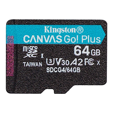 Nahaufnahme einer schwarzen SD-Karte mit blauer Schrift, Kingston Canvas Go! Plus, 64 GB.