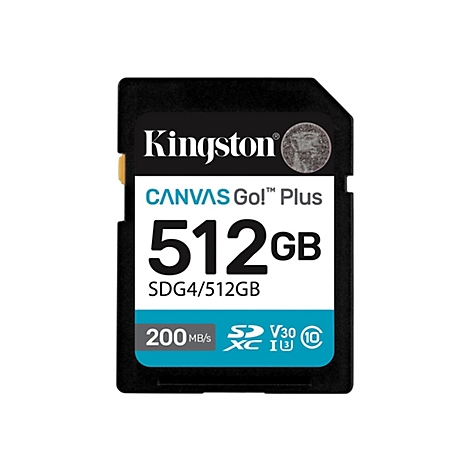 Eine schwarze SD-Karte mit Text, die die Marke Kingston, Canvas Go! Plus, 512 GB Speicher und Geschwindigkeit angibt.