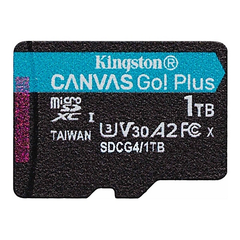 Nahaufnahme einer schwarzen Micro-SD-Karte von Kingston. Auf der Karte steht "Kingston CANVAS Go! Plus 1TB".