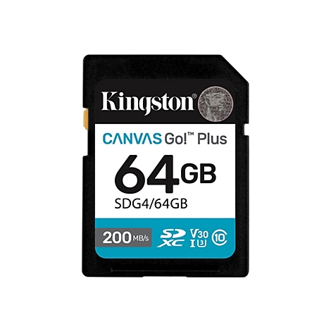 Carte SD Kingston noire avec des détails blancs et turquoise. Les mots "Kingston", "CANVAS Go! Plus", "64 Go", "200 Mo/s" et d'autres symboles sont imprimés.