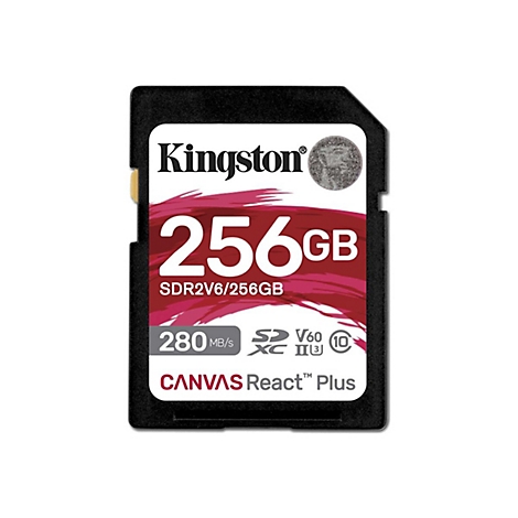 Schwarze SD-Karte mit Kingston-Logo. Darauf steht 256GB, 280 MB/s, und Canvas React Plus.