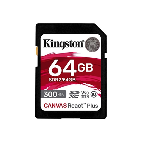 Schwarze SD-Karte der Marke Kingston. Auf rotem Hintergrund sind weiße Schriftzüge zu sehen, darunter 64 GB und CANVAS React Plus.