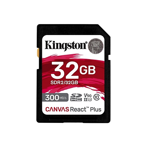 Schwarze Kingston SD-Karte mit 32 GB Speicherkapazität. Aufschrift: CANVAS React Plus.