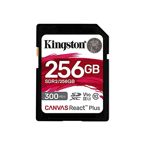 Schwarze Kingston SD-Karte mit 256 GB, rotem Hintergrund und weißen Schriftzügen. Aufschrift: CANVAS React Plus.