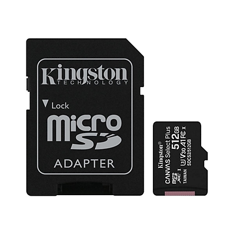 Adaptateur Kingston Micro SD noir avec texte et une petite carte SD. Inscription : 512 Go.