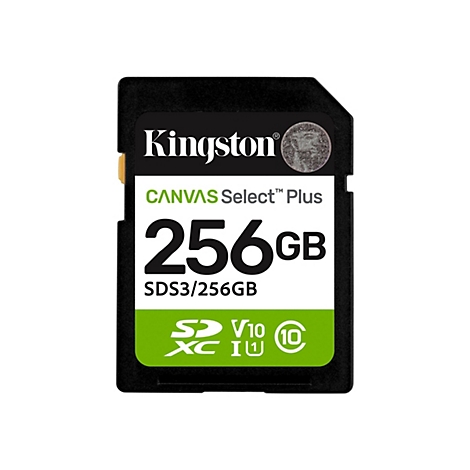 Carte SD noire Kingston, 256 Go, détails verts. Texte : « CANVAS Select Plus ».