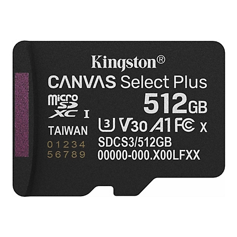 Carte SD noire Kingston, texte: 'CANVAS Select Plus 512 Go' et autres détails techniques.