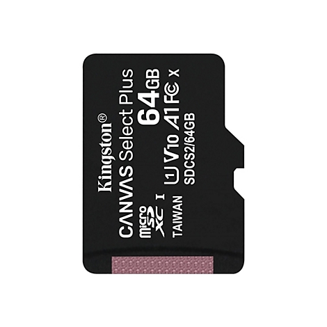 Schwarze Micro-SD-Karte, Kingston, 64 GB. Aufschrift: CANVAS Select Plus, micro SD, XC I, V10 A1, SDCS2/64GB. Text in Weiß.