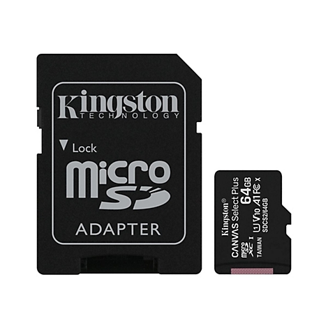 Ein schwarzer Kingston SD-Kartenadapter neben einer kleineren MicroSD-Karte. Beide Karten haben weiÃŸe SchriftzÃ¼ge, darunter die Marke.