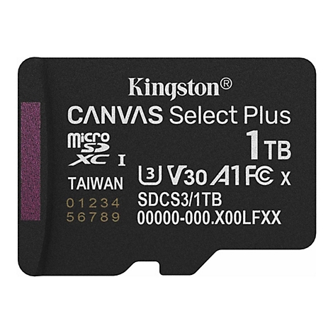 Carte microSD Kingston noire avec texte blanc : CANVAS Select Plus, 1 To, Micro SD, V30 A1.