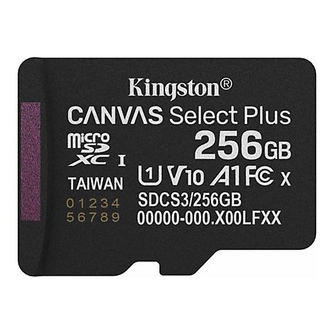 Schwarze Kingston microSD Karte mit weißem Schriftzug. Aufschrift: CANVAS Select Plus, 256GB. Lila Streifen links.