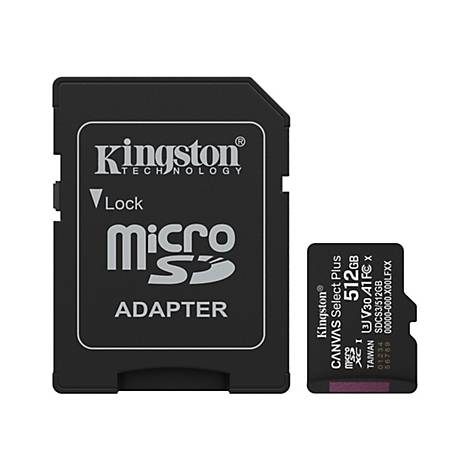 Ein schwarzer SD-Karten-Adapter mit Kingston-Logo und einer Micro-SD-Karte daneben. Auf der Micro-SD-Karte steht 512 GB.