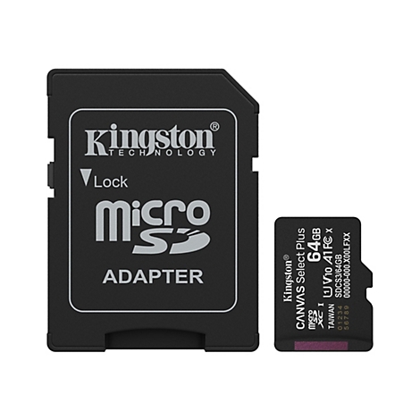 Zwei schwarze Speicherkarten, eine davon im Adapter. Beschriftung: Kingston, Micro SD, 64 GB.