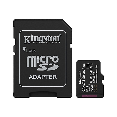 Schwarzer Kingston-SD-Kartenadapter mit silbernem Schriftzug und einer Micro-SD-Karte daneben, mit Text.