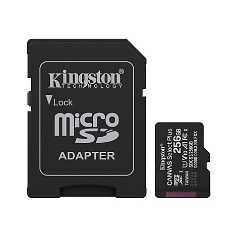 Carte SD et adaptateur noirs Kingston. Inscription : Adaptateur Micro SD, 256 Go.