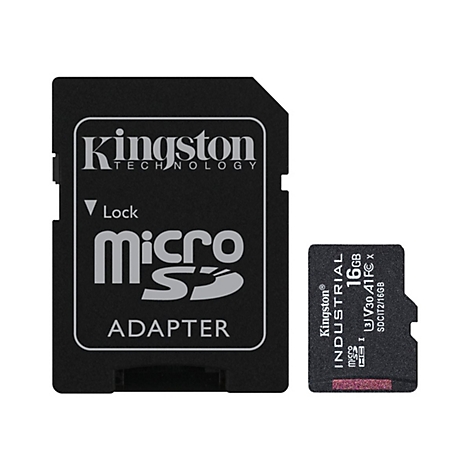 Un adaptateur de carte SD noir à côté d'une carte micro SD, tous deux avec des logos Kingston et du texte. L'adaptateur indique 'Micro SD Adapter'.