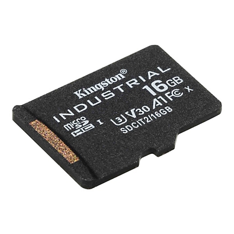 Une carte micro SD Kingston noire avec texte blanc. Inscriptions : Industrial 16 Go, Micro SD, V30 A1.