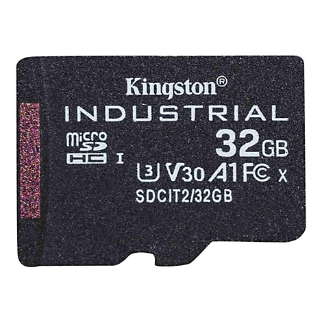 Une carte micro SD noire avec des lettres blanches, Kingston Industrial, 32 Go.