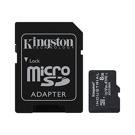 Adaptateur micro SD Kingston noir et une carte micro SD, étiquetée Kingston Industrial 8GB.
