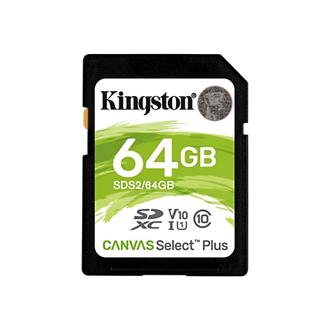 Une carte SD noire avec le logo blanc Kingston et l'inscription verte 64 Go.