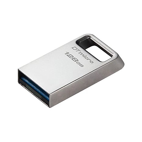 Clé USB argentée avec l'inscription 128 Go. Intérieur bleu. DTmicro.
