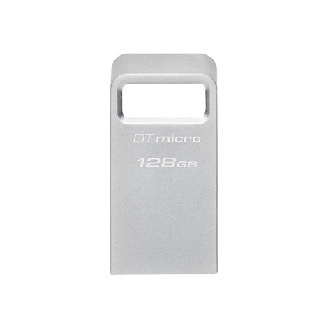 Clé USB argentée avec l'inscription 'DT micro 128 Go' sur fond blanc.