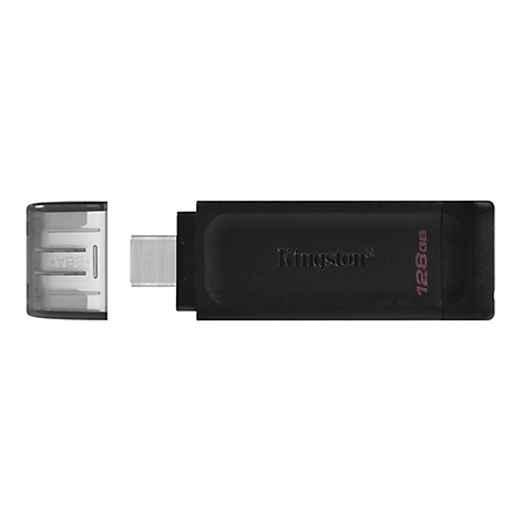 Clé USB noire avec le capuchon retiré. La clé indique 'Kingston' et '128 Go'.