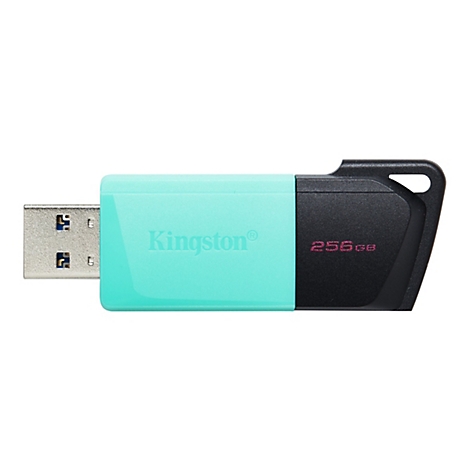Une clé USB bleu-vert et noire, avec le logo Kingston et une inscription de 256 Go.
