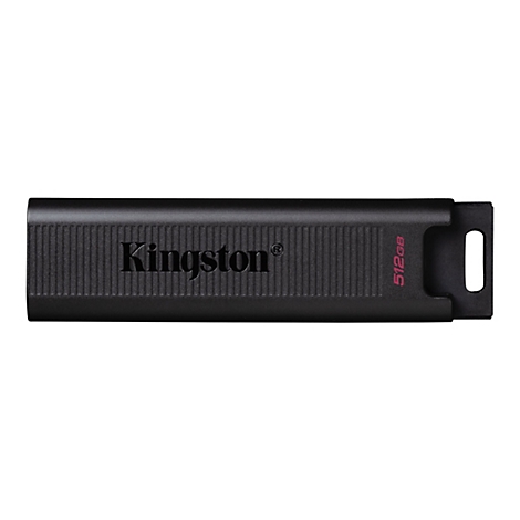 Clé USB noire Kingston avec l'impression Kingston et 512 Go, sur fond blanc.