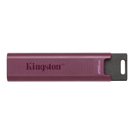 Clé USB Kingston bordeaux avec insert noir. "Kingston" et "256 Go" sont inscrits dessus.