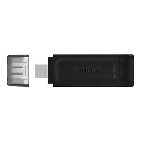 Schwarzer Kingston USB-Stick mit abgenommenem Kappe, auf weißem Hintergrund. Auf dem Stick steht 'Kingston' und '64GB'.