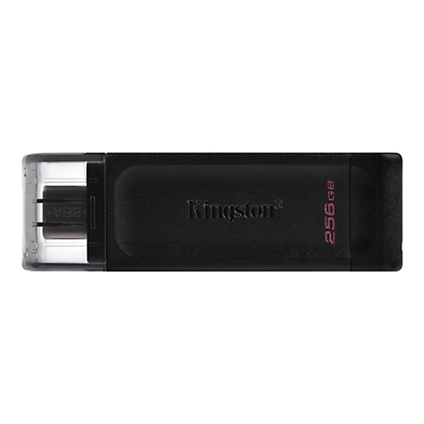 Schwarzer Kingston USB-Stick mit der Aufschrift 256GB. Am Ende ein grauer USB-Anschluss.