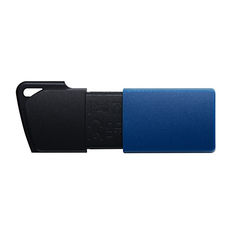 Une clÃ© USB bleue avec un couvercle noir. Le couvercle est partiellement ouvert.
