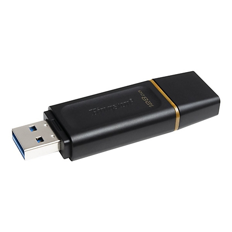 Clé USB noire avec un accent doré, 128 Go. Le connecteur USB est bleu. Inscription: Kingston.