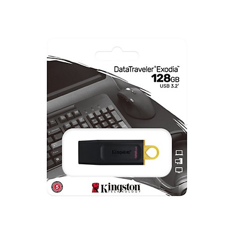 Clé USB noire Kingston DataTraveler Exodia 128 Go. Emballage avec clavier, souris et symboles.