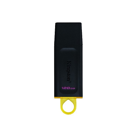 Clé USB noire avec anneau jaune et l'inscription Kingston 128Go.