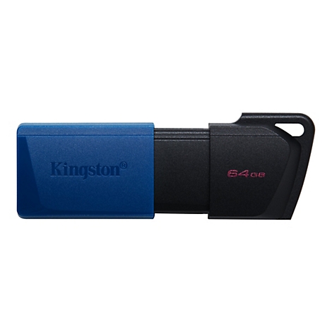 Blau-schwarzer USB-Stick mit 'Kingston'-Logo und '64GB' Aufschrift.