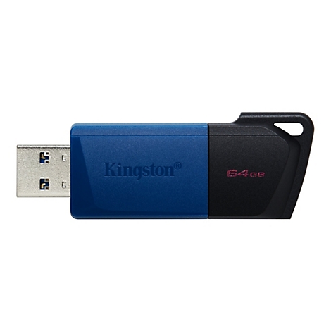 Ein blauer und schwarzer USB-Stick mit dem Kingston-Logo und der Aufschrift 64GB.