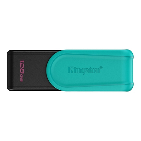Ein schwarzer USB-Stick mit türkisfarbener Kappe. Auf dem Stick steht "128GB" und auf der Kappe "Kingston".