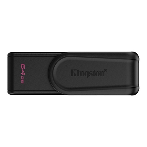 Schwarzer USB-Stick von Kingston mit Aufdruck "64GB" und "Kingston".