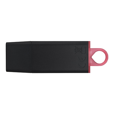 Schwarzer USB-Stick mit pinkfarbenem Ring. Details wie CE-Zeichen sichtbar.