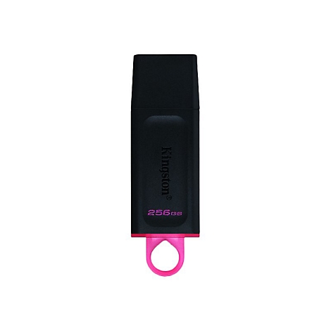 Ein schwarzer USB-Stick von Kingston mit pinkfarbenem Ring. Auf dem Stick steht Kingston 256GB.